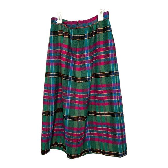 Vintage 80s Claude Wool Blend High-Waisted Midi Green Plaid Skirt - Picture 2 of 3